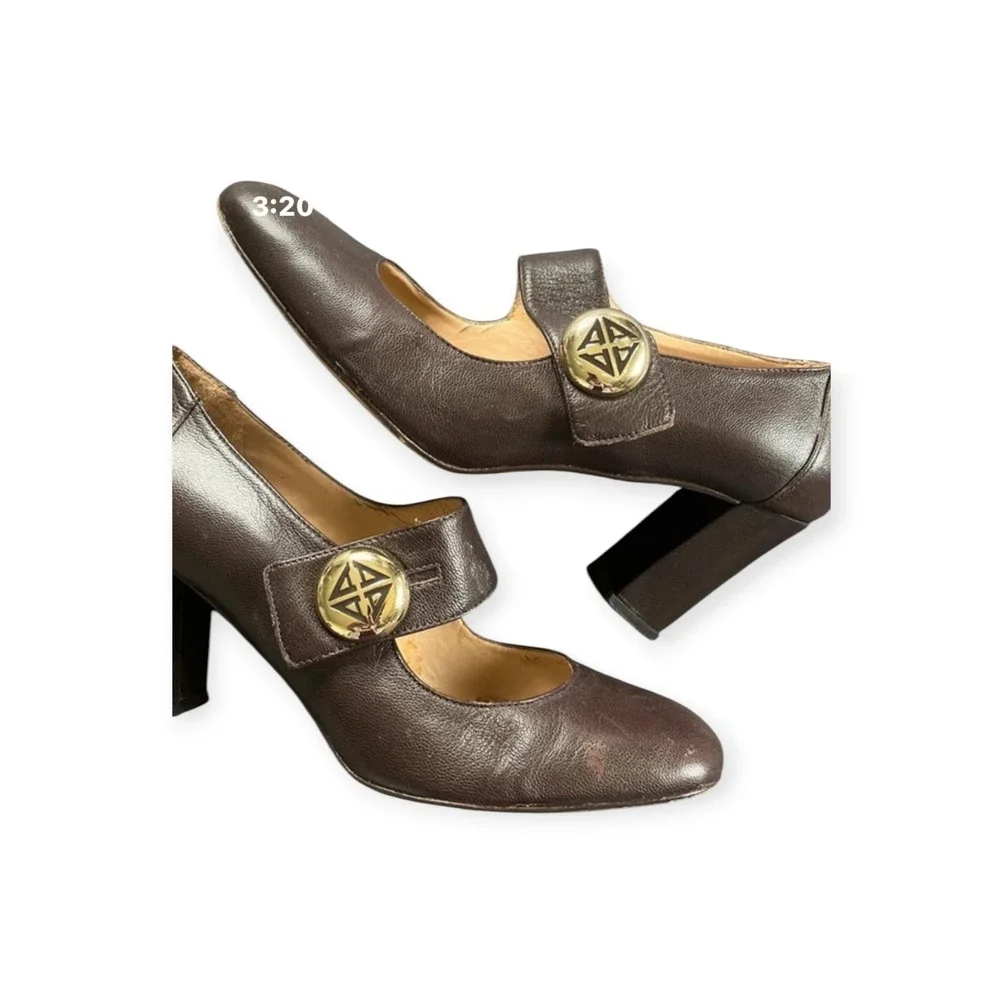 Antonio Melani Vintage Brown Leather Mary Jane Heels Gold Buckle 90s Y2K Pumps